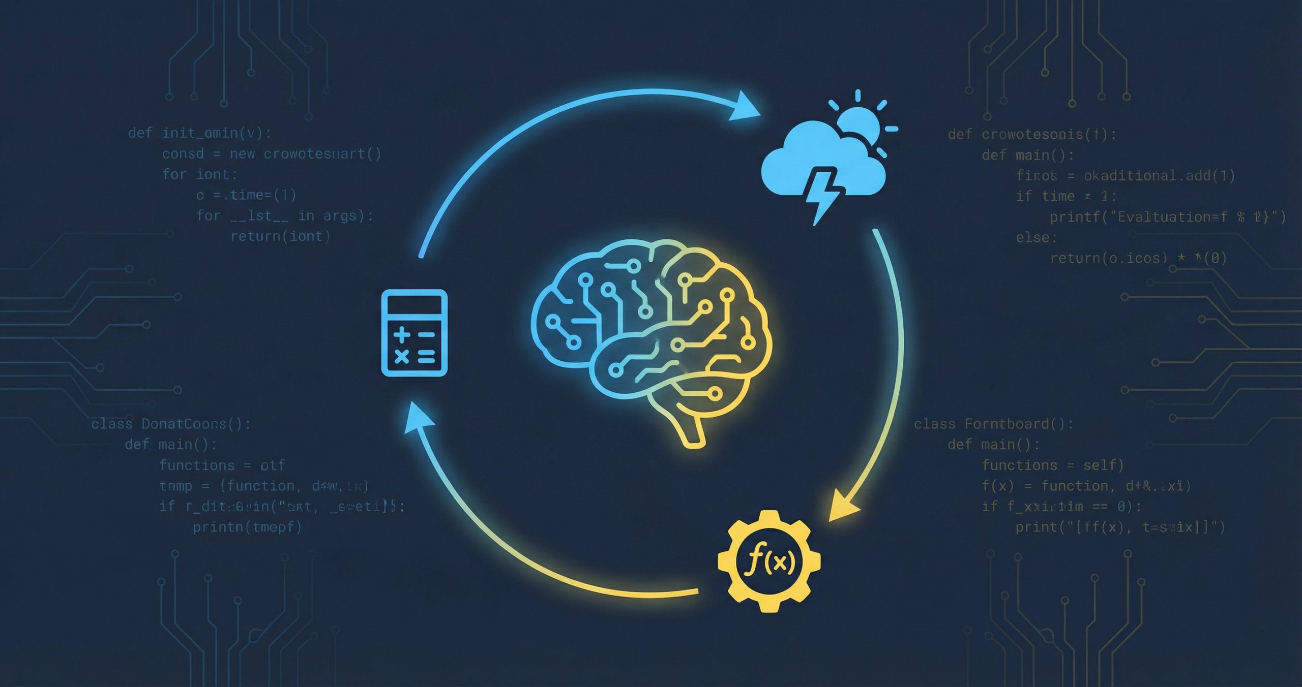 Diagram showing an AI agent loop with a brain connected to tool icons for weather, calculator, and functions