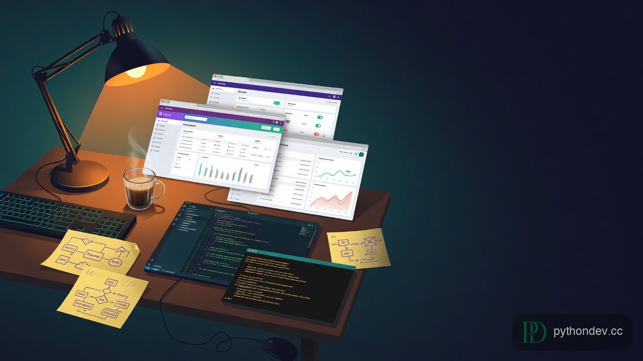 Developer workbench with multiple SaaS web apps, code editor, and terminal showing an AI-assisted Python tech stack